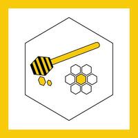 Icon sign daisy flower and honey dipper with drops in a cell - flat vector geometric illustration with yellow frame. Icon on the theme of honey and beekeeping