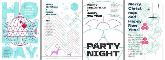 Merry Christmas and Happy New Year holiday party night minimal style abstract linear graphic poster set. Celebration decoration print with mistletoe branch and reindeer. Modern trendy art banner. Eps vector