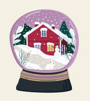 Christmas snow globe with house and fir trees inside. Merry Christmas and Happy New Year. Vector celebration concept