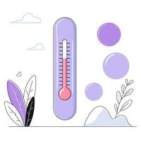 Early spring, flat vector illustration. A thermometer, bubbles, snowdrifts, branches, plants, leaves, clouds.