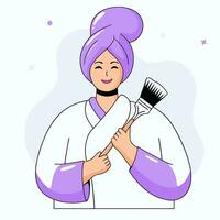 un mujer con un toalla en su cabeza aplica productos cosméticos con un cepillo en frente de un espejo en el baño, plano vector ilustración.