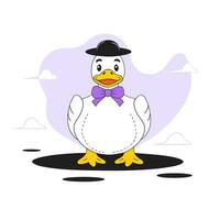 A duck in a hat and bow tie stands in a puddle, vector illustration.