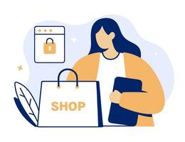 A woman with a phone and shopping bag. Flat vector illustration.