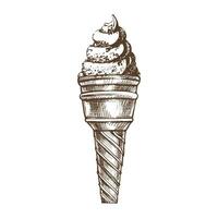 A hand-drawn sketch of a waffle cup with frozen yogurt or soft ice cream. Vintage illustration. Element for the design of labels, packaging and postcards. vector