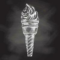 A hand-drawn sketch of a waffle cup with frozen yogurt or soft ice cream on chalkboard background. Vintage illustration. Element for the design of labels, packaging and postcards. vector