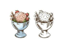 A hand-drawn colored and monochrome sketch of ice cream balls in a cup, strawberry. Vintage illustration. Element for the design of labels, packaging and postcards. vector