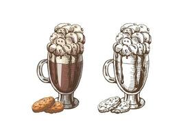 A hand-drawn colored and monochrome sketch of hot chocolate with whipped cream and cookies. Vintage illustration, doodle. Element for the design of labels, packaging and postcards. vector