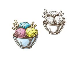 A hand-drawn colored and monochrome sketch of an ice cream balls with waffle tubes in a bowl. Vintage illustration. Element for the design of labels, packaging and postcards. vector