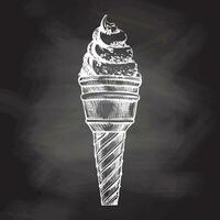 A hand-drawn sketch of a waffle cup with frozen yogurt or soft ice cream on chalkboard background. Vintage illustration. Element for the design of labels, packaging and postcards. vector