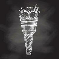 A hand-drawn sketch of a waffle cup with frozen yogurt or soft ice cream with waffle tubes on chalkboard background. Vintage illustration. Element for the design of labels, packaging. vector