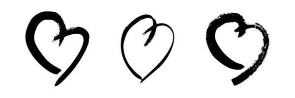 Hand drawn brush hearts. Set of three grunge black doodle hearts on white background. Romantic love symbol. Vector illustration.