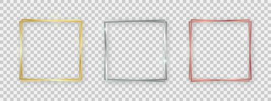 Double square shiny frames with glowing effects. Set of three gold, silver and rose gold double square frames with shadows on background. Vector illustration