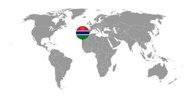 Pin map with Gambia flag on world map. Vector illustration.