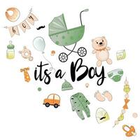 Gender reveal party. Props for a children's photo booth. It's a boy, the inscription is written in calligraphy.   A set of items for a boy a car, a pacifier, a bottle with a pacifier, and a stroller. vector