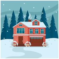 Residential house in the forest. Trees and snowfall in the background. Square illustration. Vector graphic.