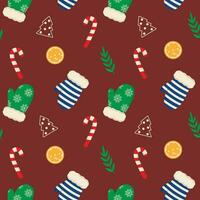 Seamless pattern with mittens, orange, gingerbread, candy cane and leaves. Vector graphic.