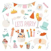 Cute pastel color elements set. Party materials bundle isolated. Carnival decor design. Event and entertainment. Celebration and festive items pastel collection hand drawn flat vector illustration