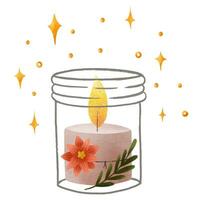 Christmas candle in a doodle jar. Candle with Christmas flower. vector