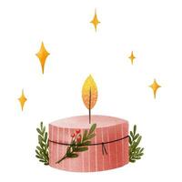 Little pink cute wax candle with fire. Christmas decor. Isolated vector