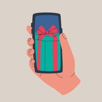 Human hand holds smartphone. Receiving gifts on web page or mobile phone app. Vector isolated illustration for design.