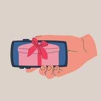 Human hand holds smartphone horizontal. Receiving gifts on web page or mobile phone app. Vector isolated illustration for design.