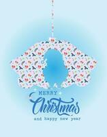 Combine santa claus and bell frame with ornament christmas pattern on radial blue background. Christmas and new year card. Vector illustration on grey background.