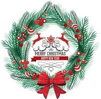 Christmas radial frame and logo. Design wreath eements with leaves pine tree and red silhourtte reindeer on circle frame. Isolated on white background. vector