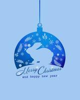 Design lantern abstract blue pattern with soft blue silhouette of rabbit and christmas ornaments. Christmas and new year card. vector