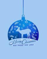 diseño linterna resumen azul modelo con suave azul silueta ciervo y Navidad adornos Navidad y nuevo año tarjeta. vector