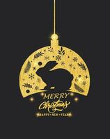 Design dark contrast sparkling with silhouette of rabbit and christmas ornaments. Christmas and new year card.  Vector illustration on black background.