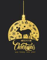 Design dark contrast sparkling with silhouette of young deer and christmas ornaments. Christmas and new year card. Vector illustration on black