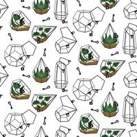 A set of beautiful indoor and outdoor terrariums with and without flowers. Vector illustration of a glass florarium of various geometric shapes with plants and empty, closed locks with keys on a white