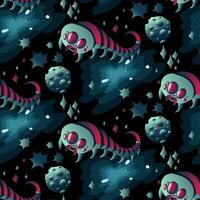 A pattern with space insects in the form of a centipede. Mechanical insects of blue and pink colors fly in space among stars, black holes, asteroids. Vector gradient illustration of an alien insect