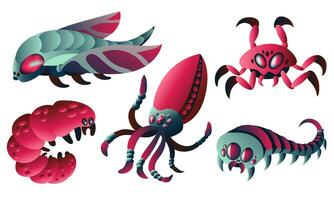 A set of alien invaders from outer space in the form of space animals and insects on a white background. Abstract gradient shapes with blue and pink shades. Mysticism, fiction vector