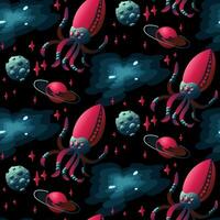 A pattern with space insects in the form of a squid with tentacles. Mechanical animals of blue and pink colors fly in space among an asteroid and planets on a black. Vector gradient alien insect