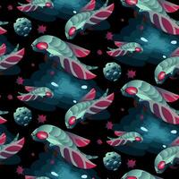 A pattern with space insects in the form of a fly. Mechanical insects of blue and pink colors fly in space among asteroids and holes on a black background. Vector gradient illustration