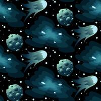 Vector space seamless pattern. Cartoon space texture with a planet, a flying fiery asteroid, a space funnel and stars in blue tones on a black background. Space Adventure