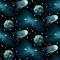 Vector space seamless pattern. Cartoon space texture with a planet, a flying fiery asteroid, a space funnel and stars in blue tones on a black background. Space Adventure