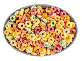 bowl of cereal rings on white background. photo