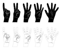 hand gestures. Line art and silhouette collection. Hands with fingers. Education counting icons set vector