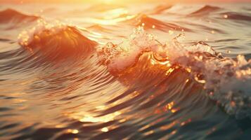 ai generado espumoso olas laminación arriba en Oceano con dorado hora hora foto