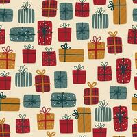 Christmas gifts pattern. Seamless background with Xmas present boxes in colorful paper. Holiday craft surprises repeating print, texture design. Flat vector illustration for decoration.