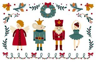 Colorful set of Christmas characters Nutcracker, ballerina, mouse and angel. Holiday statues. Flat vector illustration isolated on white background.