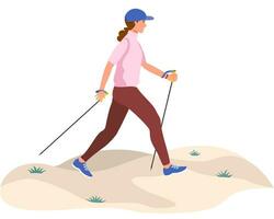 Woman doing nordic walking, exercising. A young woman walks on foot with walking sticks. Vector. vector