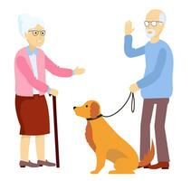 Vector cartoon of elderly man with a dog and woman with walking cane met on a walk. Grandparents couple characters say hello