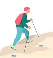 Senior Woman with Backpack hiking outdoor in park. Old lady walking with sticks. Woman walking Nordic style with sticks. Active woman vector