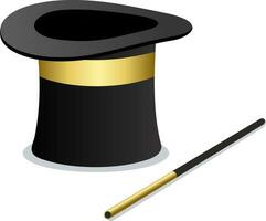 Magician hat with wand. Black magic hat with wand stick. Magical performance, wizard, fairy tale vector