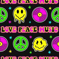 Retro design of Peace, Love and Music with peace symbol, vinyl disc and smiling face. seamless pattern vector