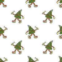 Christmas tree retro cartoon character seamless pattern vector