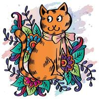 linda gato dibujos animados con floral elemento. vector